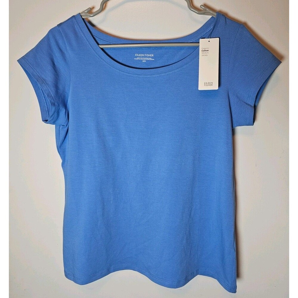 Eileen Fisher Size Medium Stretch Organic Cotton Jersey Tee Shirt Blue NWT Top